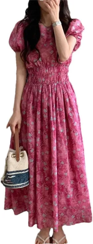Women Vintage Floral Dress Waist Puff Sleeve A-Line Vestidos Dress