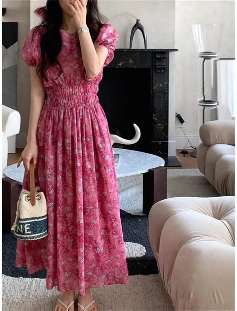 Women Vintage Floral Dress Waist Puff Sleeve A-Line Vestidos Dress