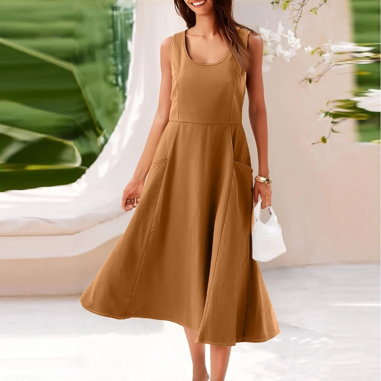 Womens 2025 Spring Summer Square Neck Sleeveless Flowy Swing Midi Dress Wedding Guest Prom Cocktail Party Dress