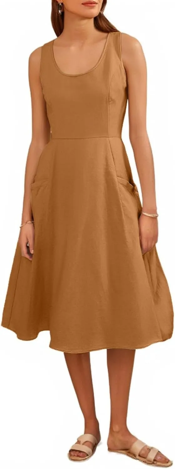 Womens 2025 Spring Summer Square Neck Sleeveless Flowy Swing Midi Dress Wedding Guest Prom Cocktail Party Dress