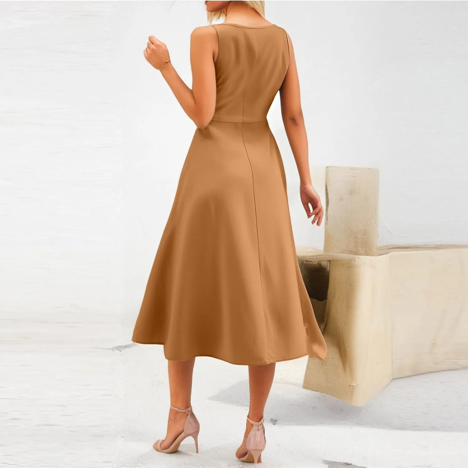 Womens 2025 Spring Summer Square Neck Sleeveless Flowy Swing Midi Dress Wedding Guest Prom Cocktail Party Dress