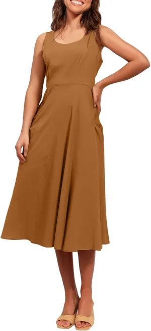 Womens 2025 Spring Summer Square Neck Sleeveless Flowy Swing Midi Dress Wedding Guest Prom Cocktail Party Dress