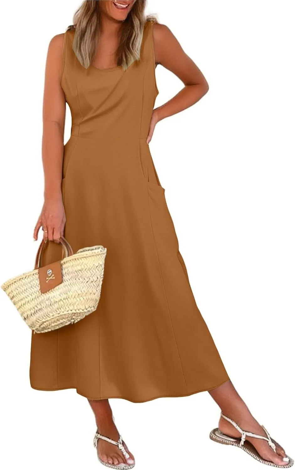 Womens 2025 Spring Summer Square Neck Sleeveless Flowy Swing Midi Dress Wedding Guest Prom Cocktail Party Dress