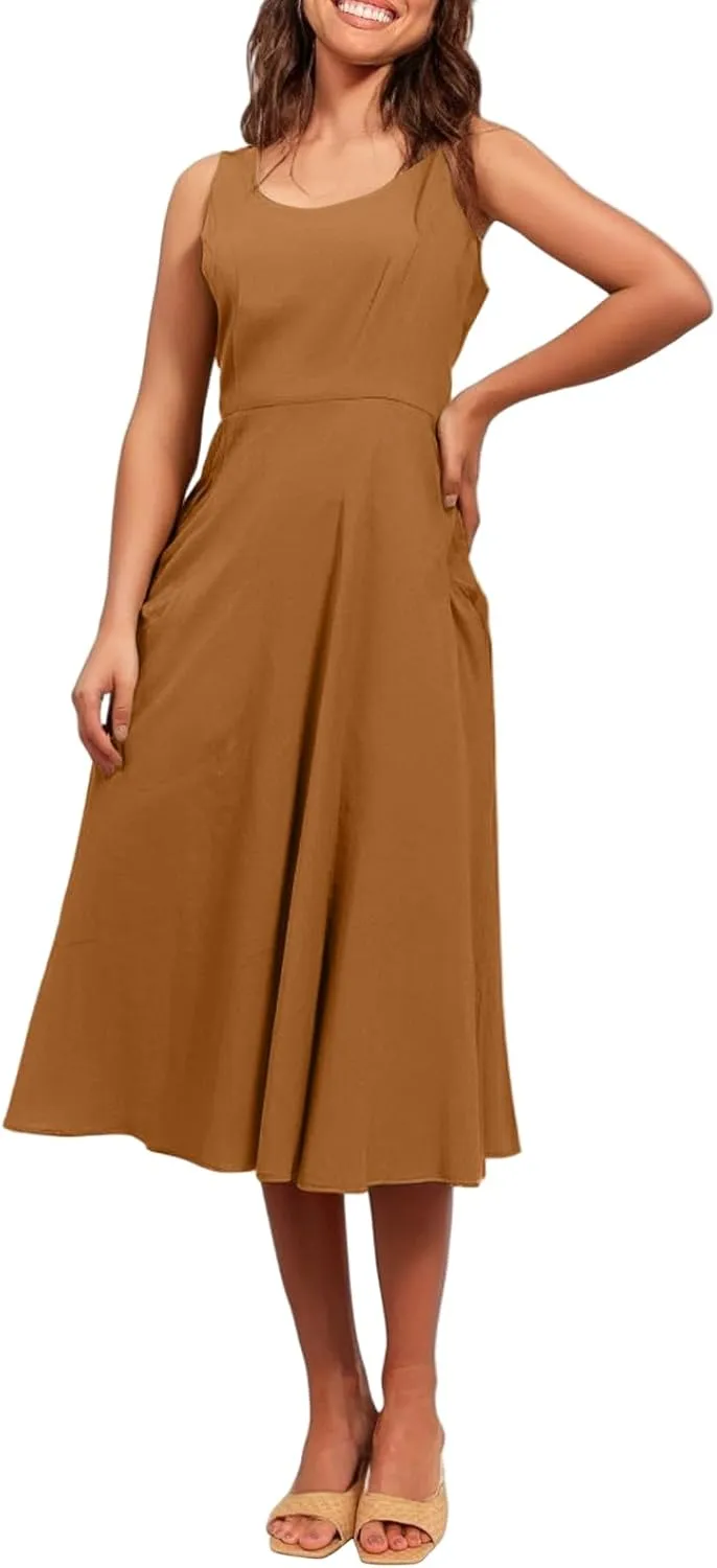 Womens 2025 Spring Summer Square Neck Sleeveless Flowy Swing Midi Dress Wedding Guest Prom Cocktail Party Dress