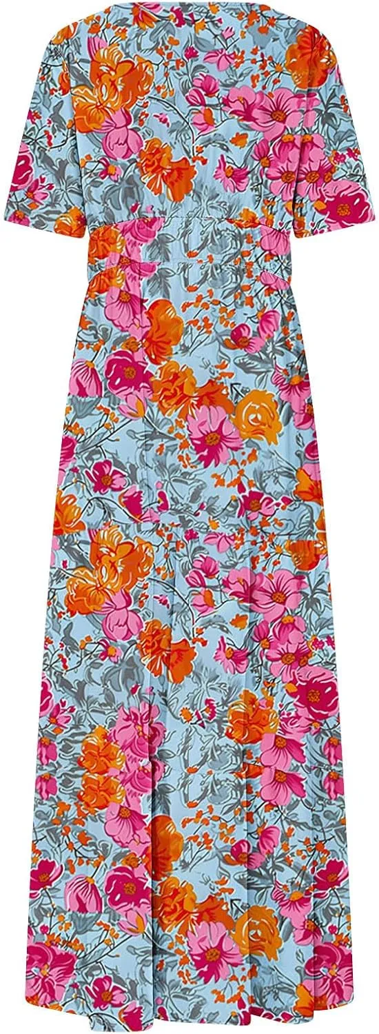 Women's 2025 Summer Maxi Dress Casual Floral Boho Short Sleeve V Neck Flowy Ruffle Long Beach Vacation Dresses