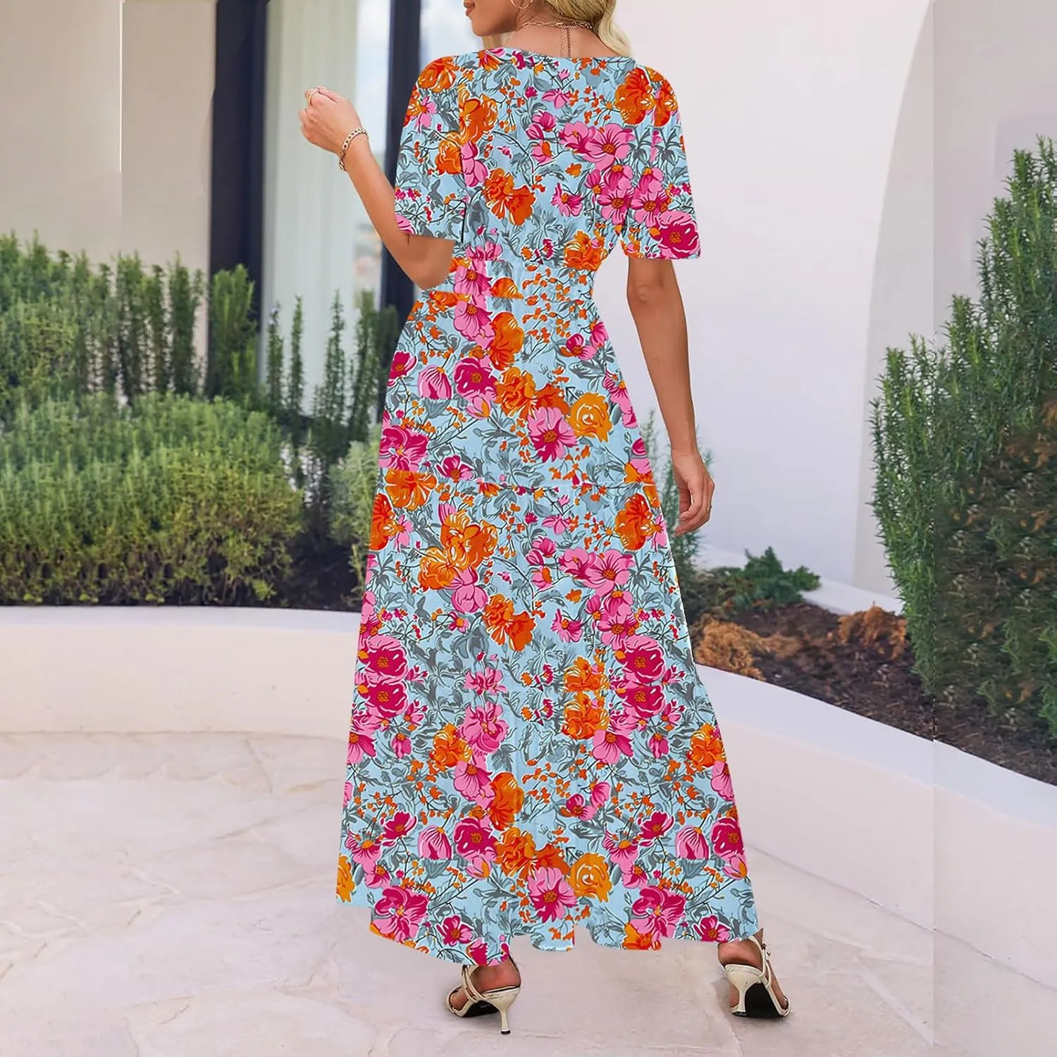 Women's 2025 Summer Maxi Dress Casual Floral Boho Short Sleeve V Neck Flowy Ruffle Long Beach Vacation Dresses