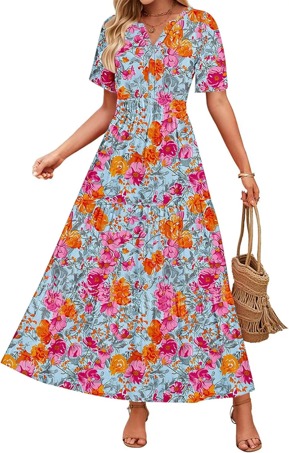 Women's 2025 Summer Maxi Dress Casual Floral Boho Short Sleeve V Neck Flowy Ruffle Long Beach Vacation Dresses