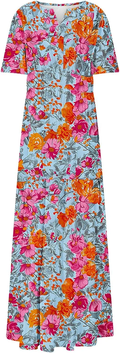Women's 2025 Summer Maxi Dress Casual Floral Boho Short Sleeve V Neck Flowy Ruffle Long Beach Vacation Dresses
