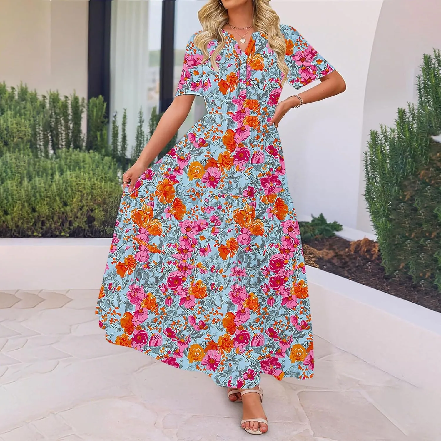 Women's 2025 Summer Maxi Dress Casual Floral Boho Short Sleeve V Neck Flowy Ruffle Long Beach Vacation Dresses