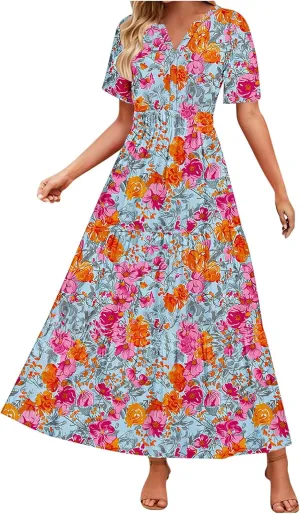 Women's 2025 Summer Maxi Dress Casual Floral Boho Short Sleeve V Neck Flowy Ruffle Long Beach Vacation Dresses