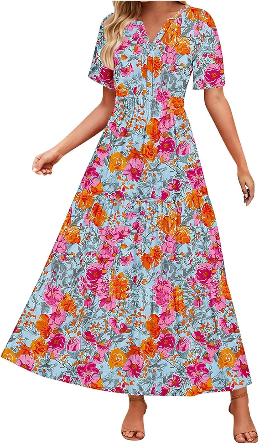 Women's 2025 Summer Maxi Dress Casual Floral Boho Short Sleeve V Neck Flowy Ruffle Long Beach Vacation Dresses