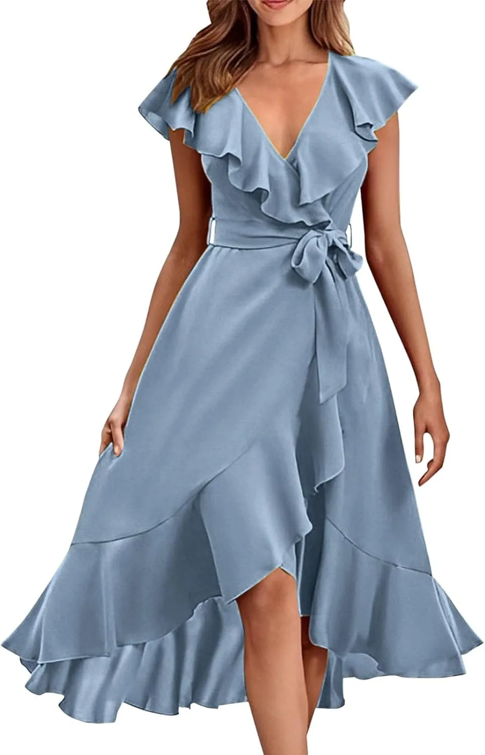 Women's 2025 Summer Wrap Midi Dress Casual Boho Deep V Neck Short Sleeve Ruffle Hem Split Beach Long Dresses