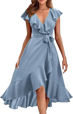 Women's 2025 Summer Wrap Midi Dress Casual Boho Deep V Neck Short Sleeve Ruffle Hem Split Beach Long Dresses