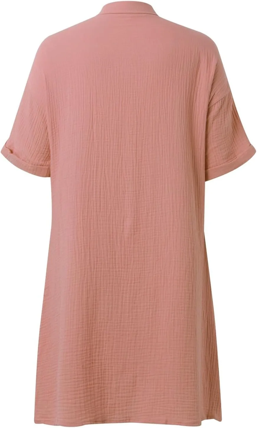 Womens Button Down Shirt Dress Summer Cotton Linen Dress V-Neck Mini Dress Casual Short Sleeve Loose Tunic Shift Dresses