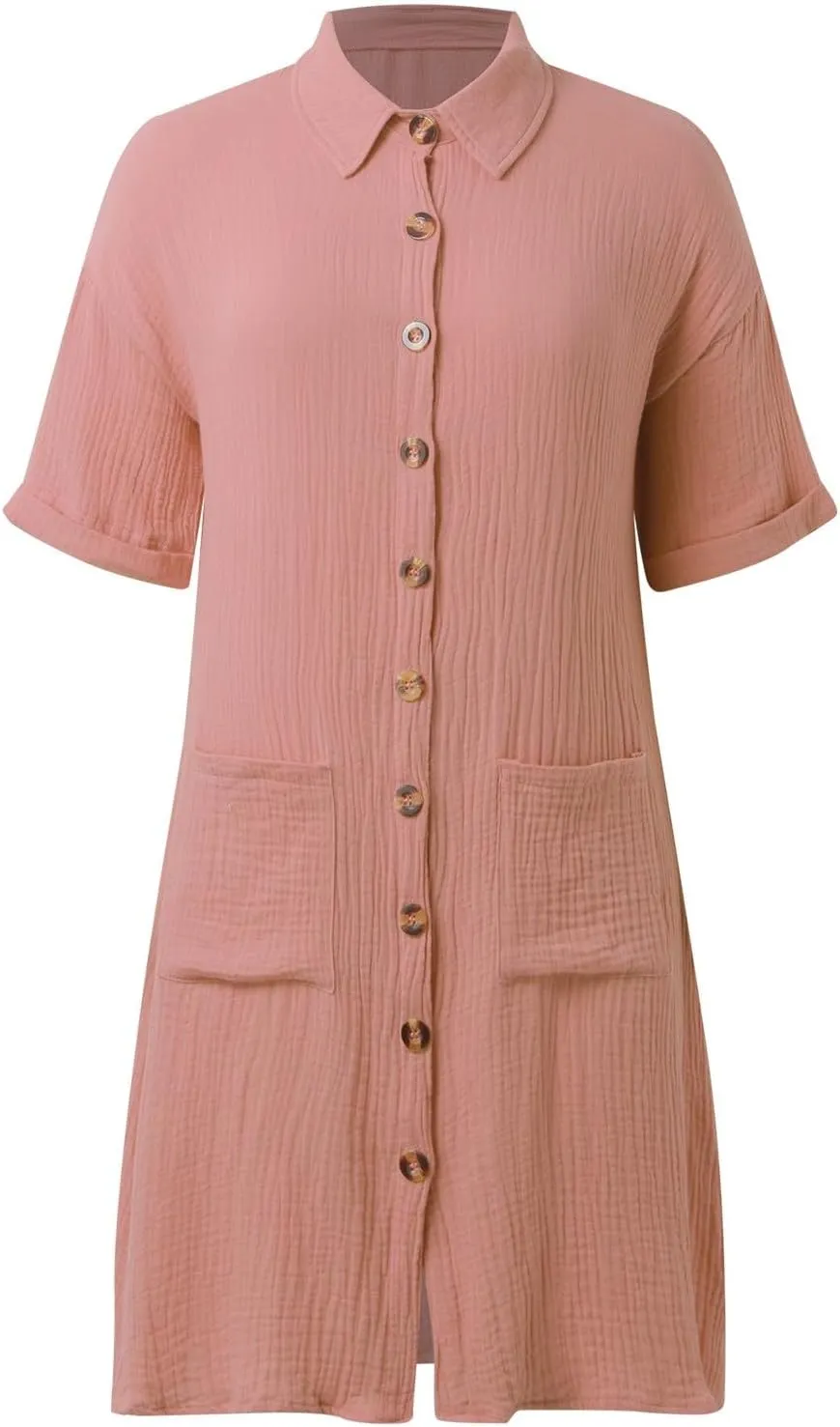 Womens Button Down Shirt Dress Summer Cotton Linen Dress V-Neck Mini Dress Casual Short Sleeve Loose Tunic Shift Dresses