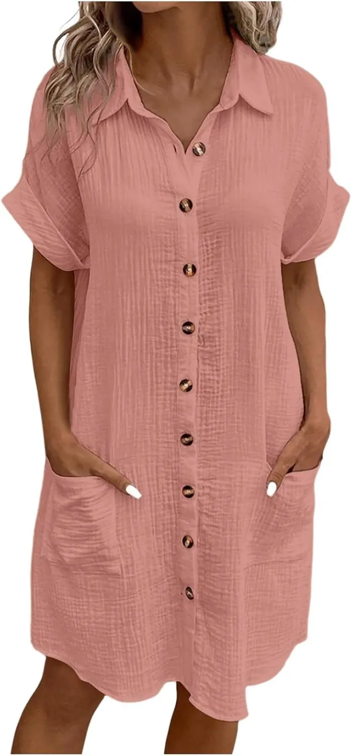 Womens Button Down Shirt Dress Summer Cotton Linen Dress V-Neck Mini Dress Casual Short Sleeve Loose Tunic Shift Dresses
