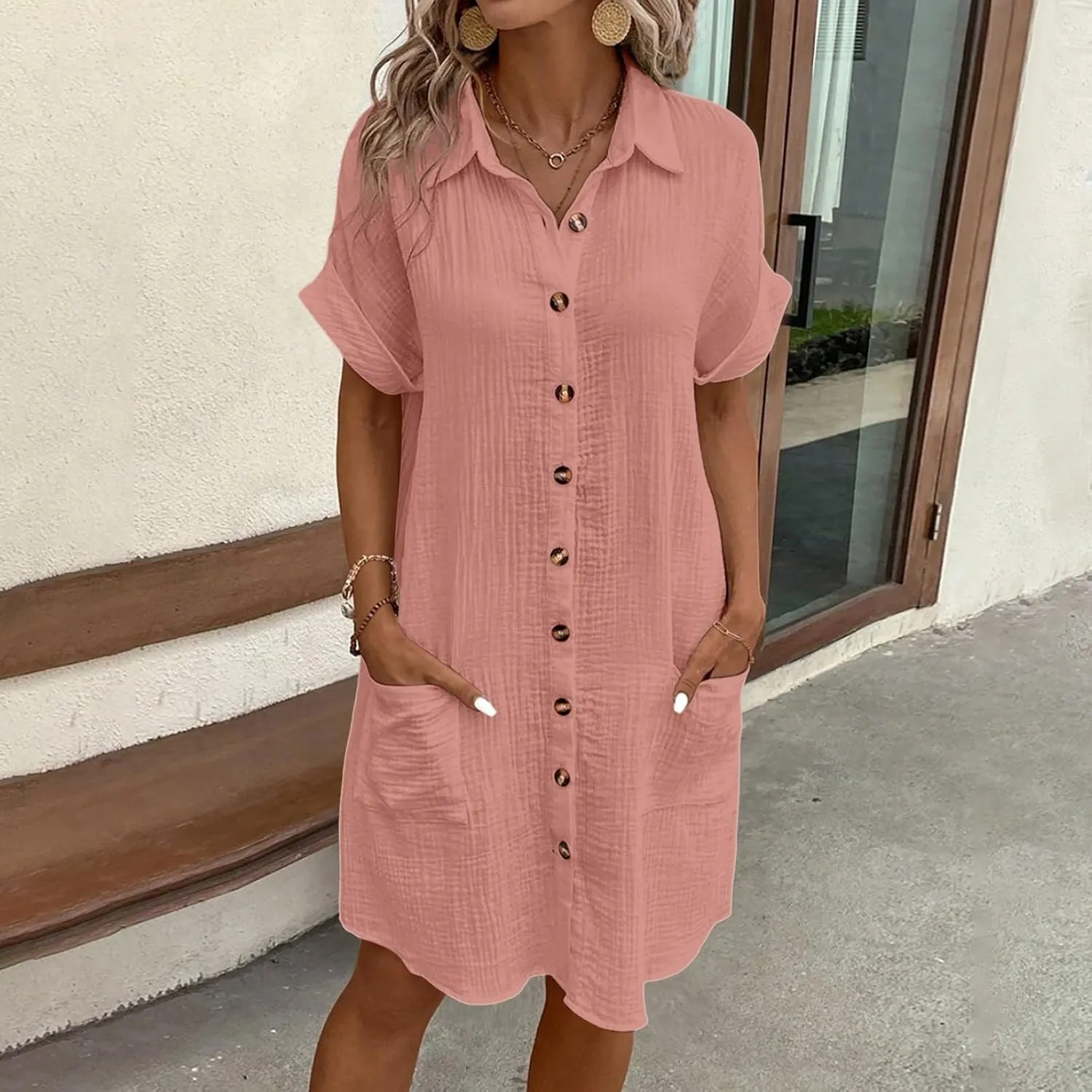 Womens Button Down Shirt Dress Summer Cotton Linen Dress V-Neck Mini Dress Casual Short Sleeve Loose Tunic Shift Dresses
