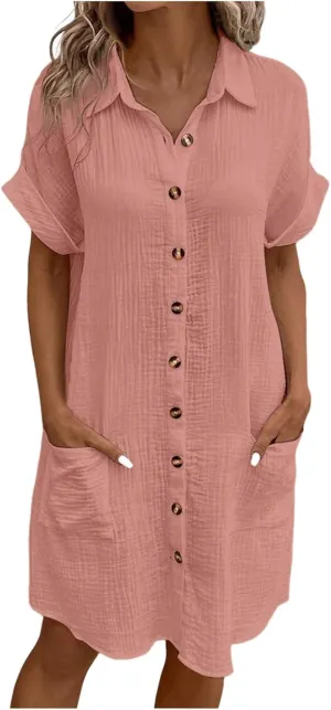 Womens Button Down Shirt Dress Summer Cotton Linen Dress V-Neck Mini Dress Casual Short Sleeve Loose Tunic Shift Dresses