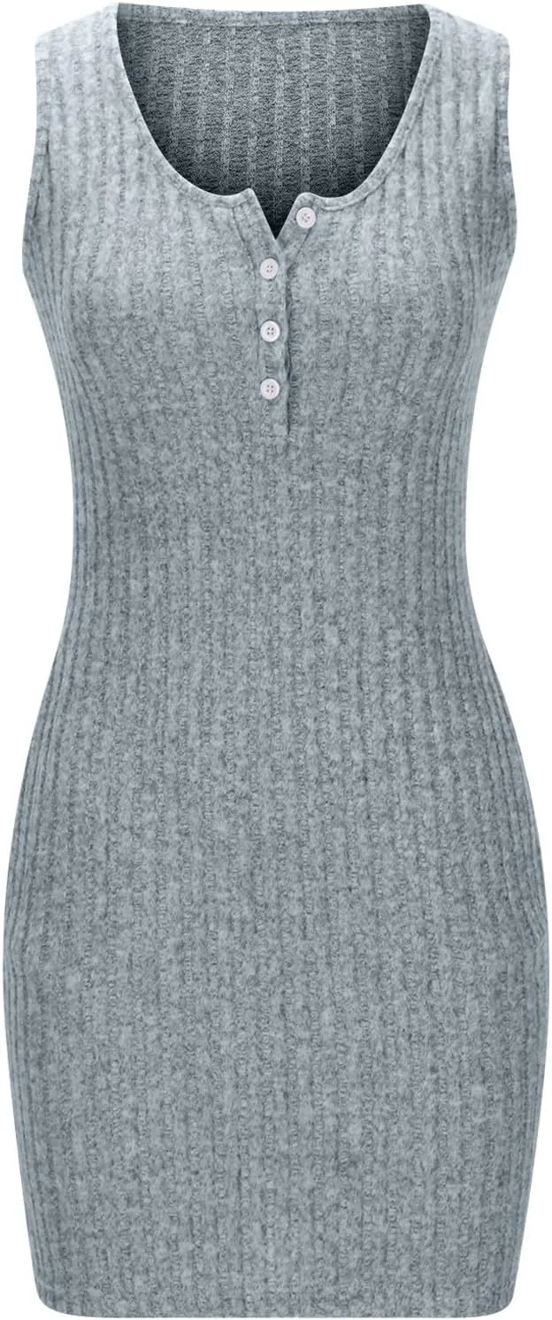 Womens Knit Sundress Sleeveless Button Up V-Neck Mini Dress Summer Casual Tank Dresses Solid Bodycon Pockets Clothes