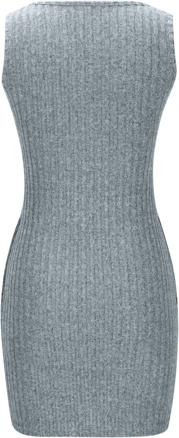 Womens Knit Sundress Sleeveless Button Up V-Neck Mini Dress Summer Casual Tank Dresses Solid Bodycon Pockets Clothes