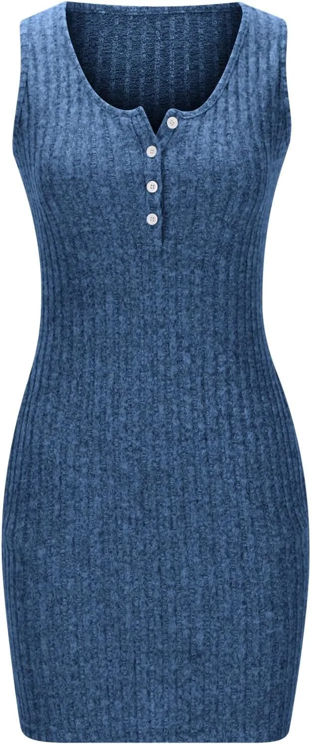 Womens Knit Sundress Sleeveless Button Up V-Neck Mini Dress Summer Casual Tank Dresses Solid Bodycon Pockets Clothes