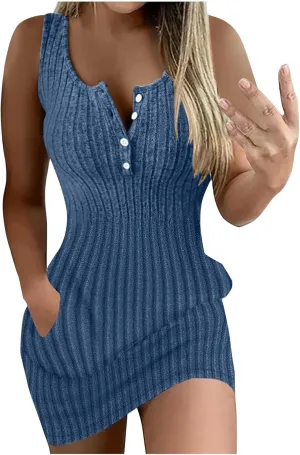 Womens Knit Sundress Sleeveless Button Up V-Neck Mini Dress Summer Casual Tank Dresses Solid Bodycon Pockets Clothes