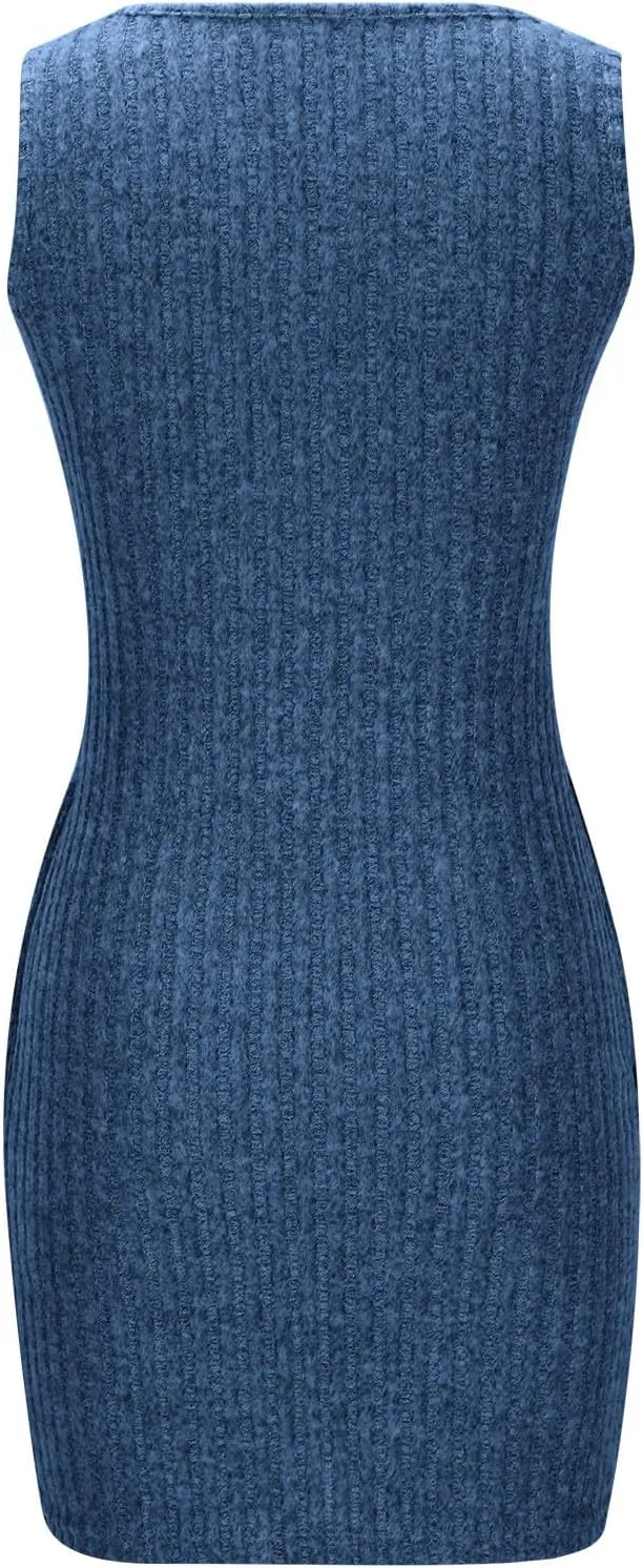 Womens Knit Sundress Sleeveless Button Up V-Neck Mini Dress Summer Casual Tank Dresses Solid Bodycon Pockets Clothes