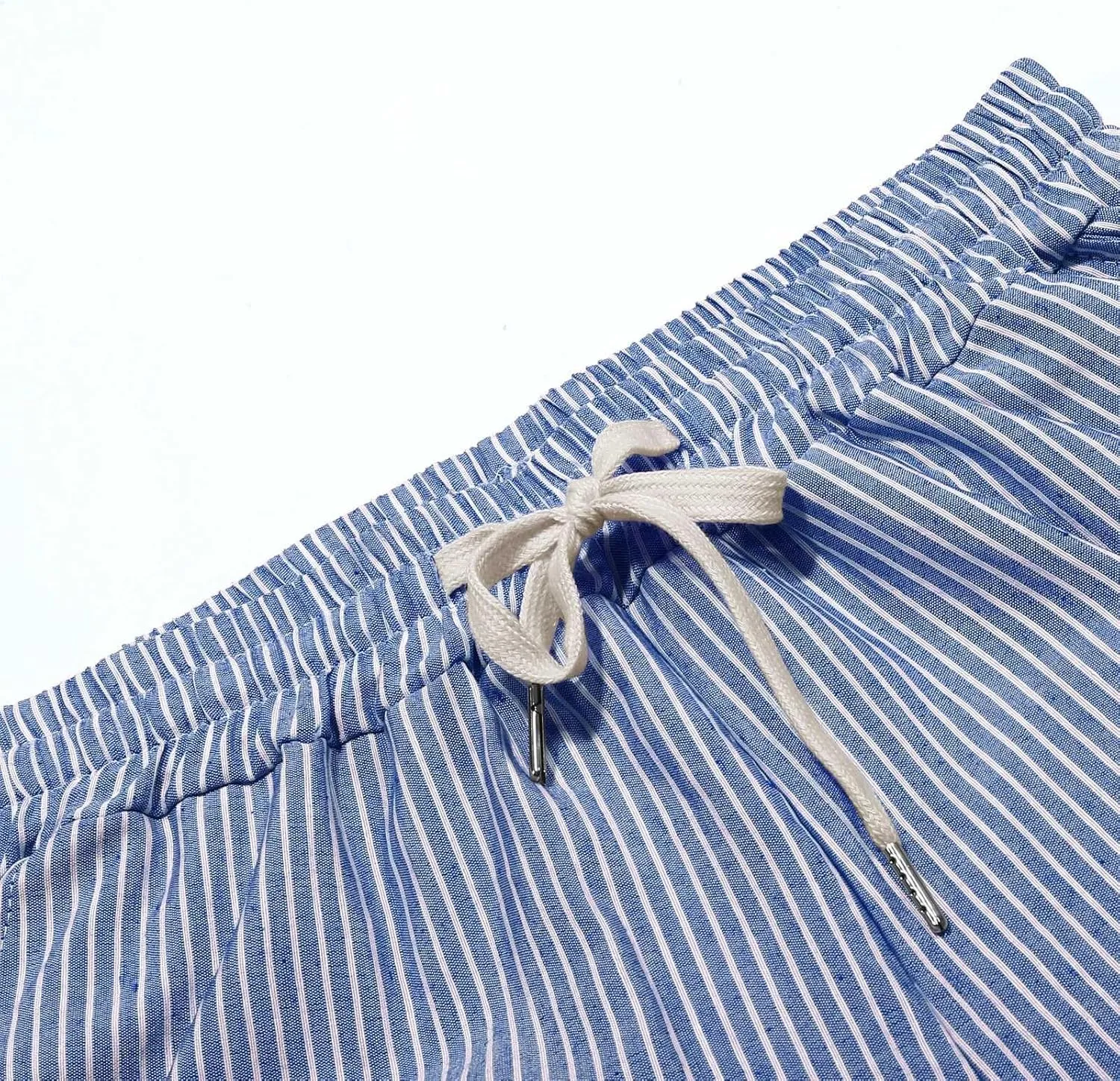 Women's Linen Capri Pants Striped Elastic Waistband High Waistband Pocket Pants Side Nine Lightweight Loose Trousers