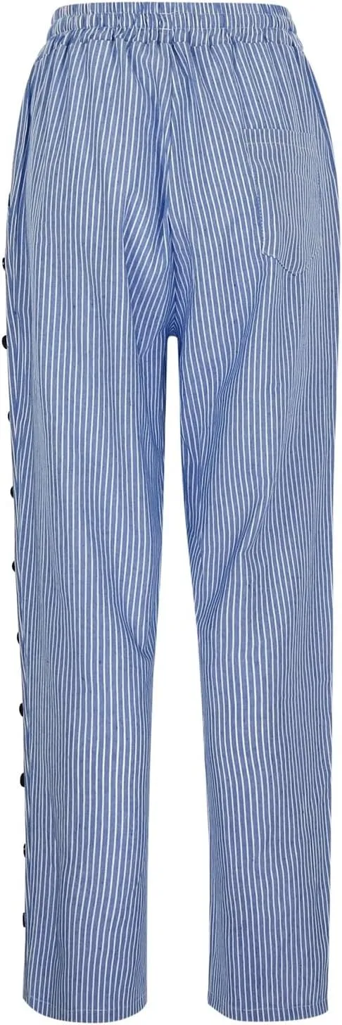 Women's Linen Capri Pants Striped Elastic Waistband High Waistband Pocket Pants Side Nine Lightweight Loose Trousers