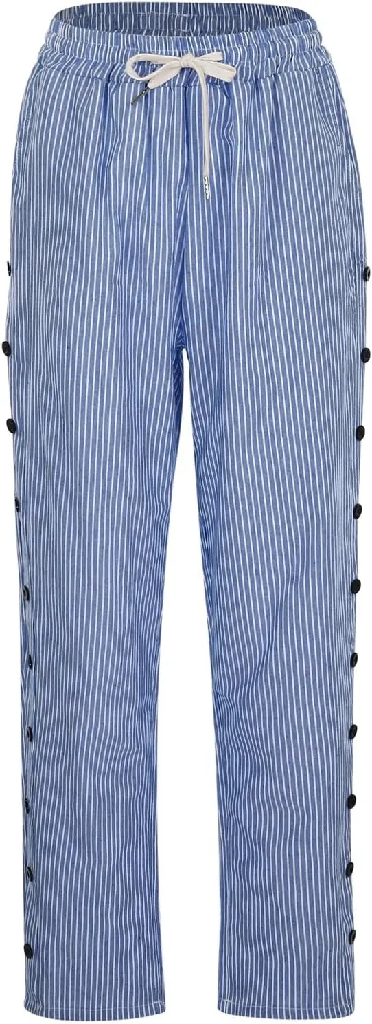 Women's Linen Capri Pants Striped Elastic Waistband High Waistband Pocket Pants Side Nine Lightweight Loose Trousers