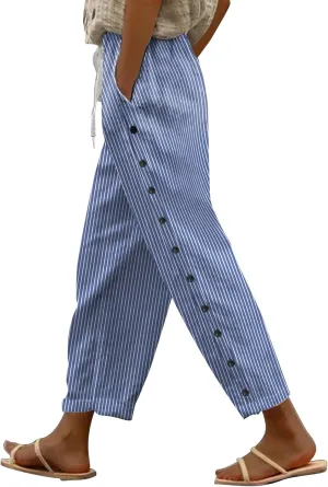 Women's Linen Capri Pants Striped Elastic Waistband High Waistband Pocket Pants Side Nine Lightweight Loose Trousers