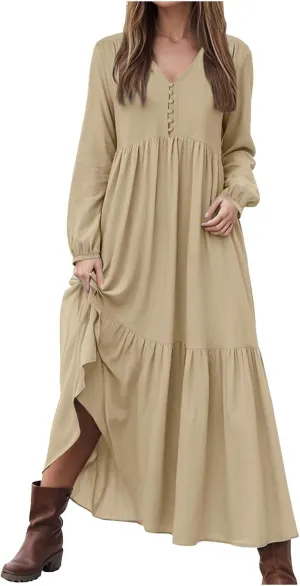 Women's Linen Maxi Dress 2025 Summer Casual Long Sleeve V-Neck Tiered Ruffle Sundress Boho Beach Pleated Long Dresses