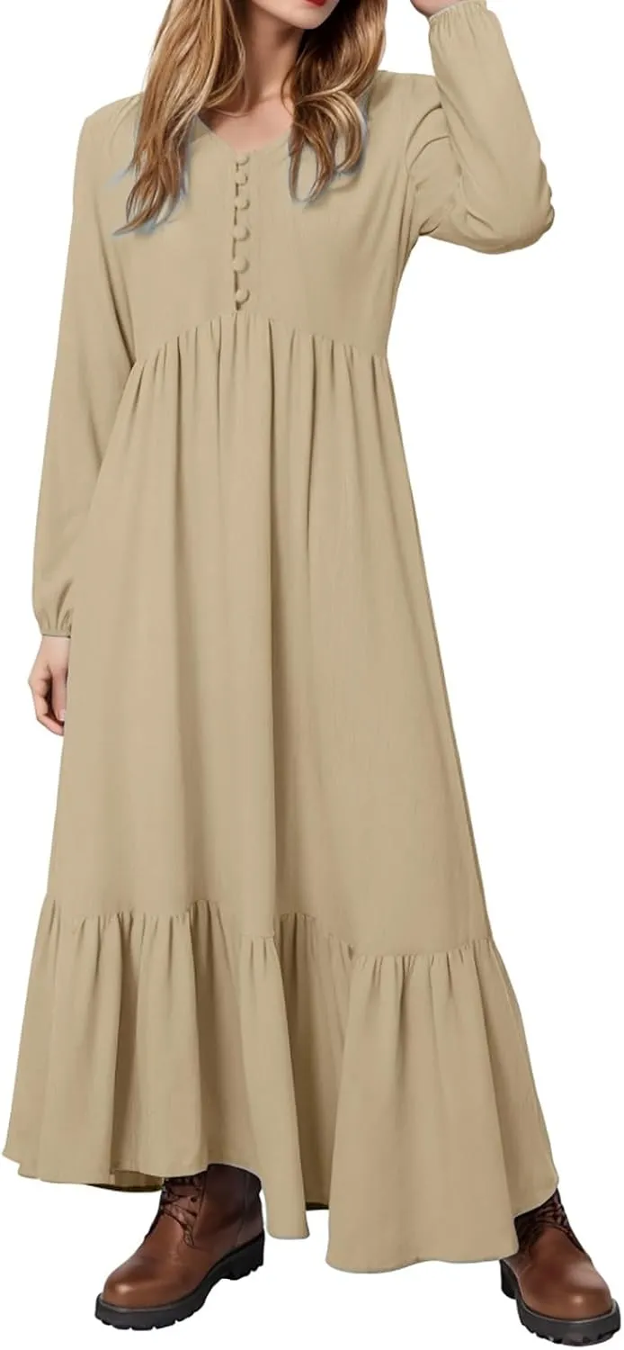 Women's Linen Maxi Dress 2025 Summer Casual Long Sleeve V-Neck Tiered Ruffle Sundress Boho Beach Pleated Long Dresses