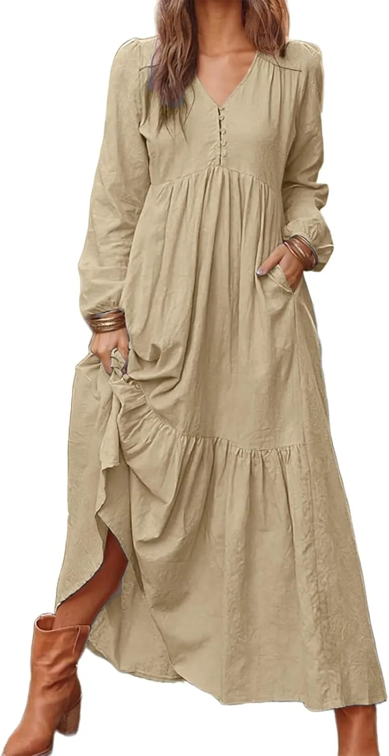 Women's Linen Maxi Dress 2025 Summer Casual Long Sleeve V-Neck Tiered Ruffle Sundress Boho Beach Pleated Long Dresses