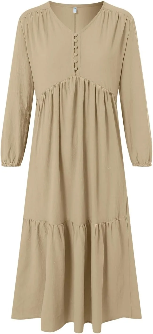 Women's Linen Maxi Dress 2025 Summer Casual Long Sleeve V-Neck Tiered Ruffle Sundress Boho Beach Pleated Long Dresses