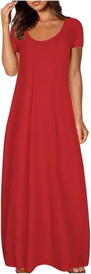 Women's Short Sleeve Maxi Dress Summer Casual T Shirt Dresses Scoop Neck Loose Fit Casual Long Sundress with Pocket