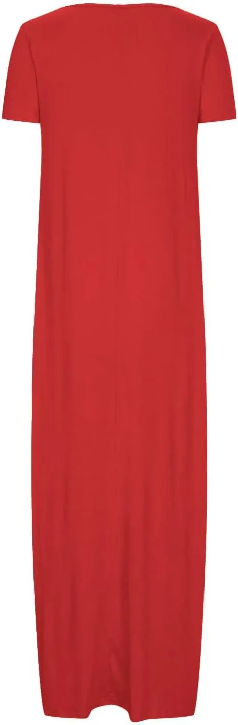 Women's Short Sleeve Maxi Dress Summer Casual T Shirt Dresses Scoop Neck Loose Fit Casual Long Sundress with Pocket