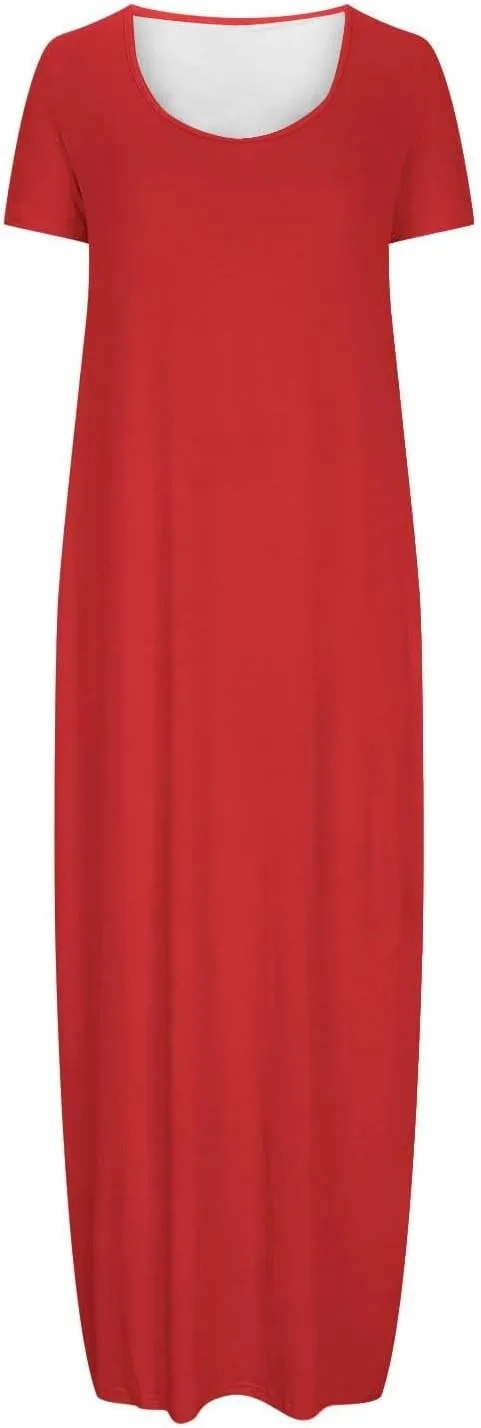 Women's Short Sleeve Maxi Dress Summer Casual T Shirt Dresses Scoop Neck Loose Fit Casual Long Sundress with Pocket