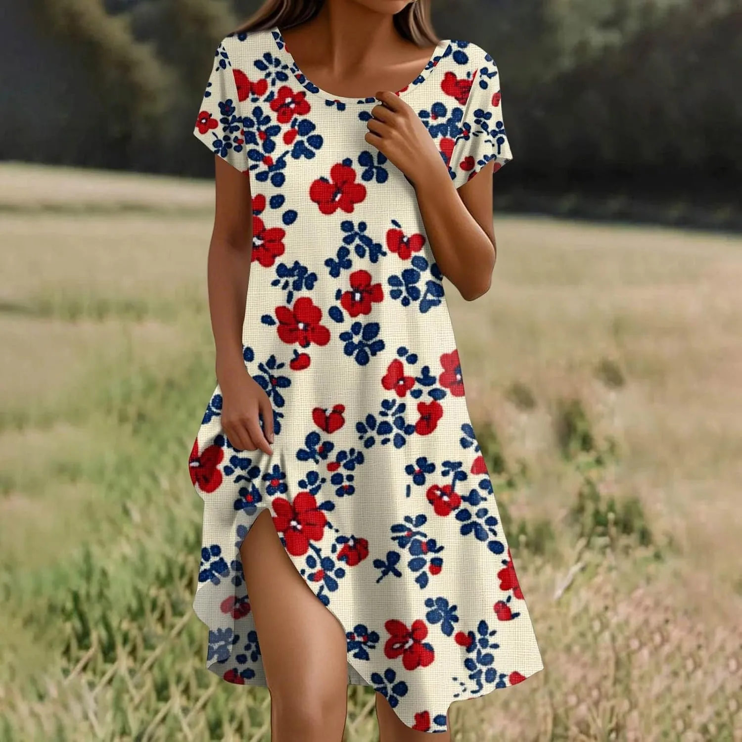 Women's Short Sleeve Summer Sundress with Pockets, Casual Loose Fit Floral Round Neck Knee Length Beach Dress