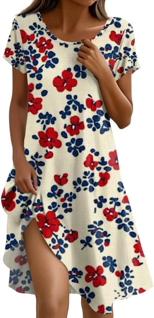 Women's Short Sleeve Summer Sundress with Pockets, Casual Loose Fit Floral Round Neck Knee Length Beach Dress