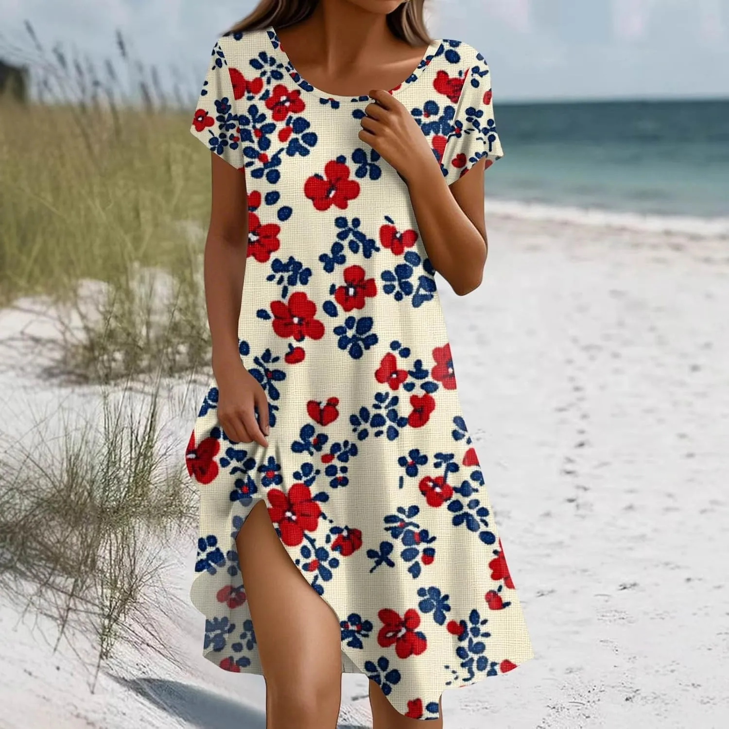 Women's Short Sleeve Summer Sundress with Pockets, Casual Loose Fit Floral Round Neck Knee Length Beach Dress