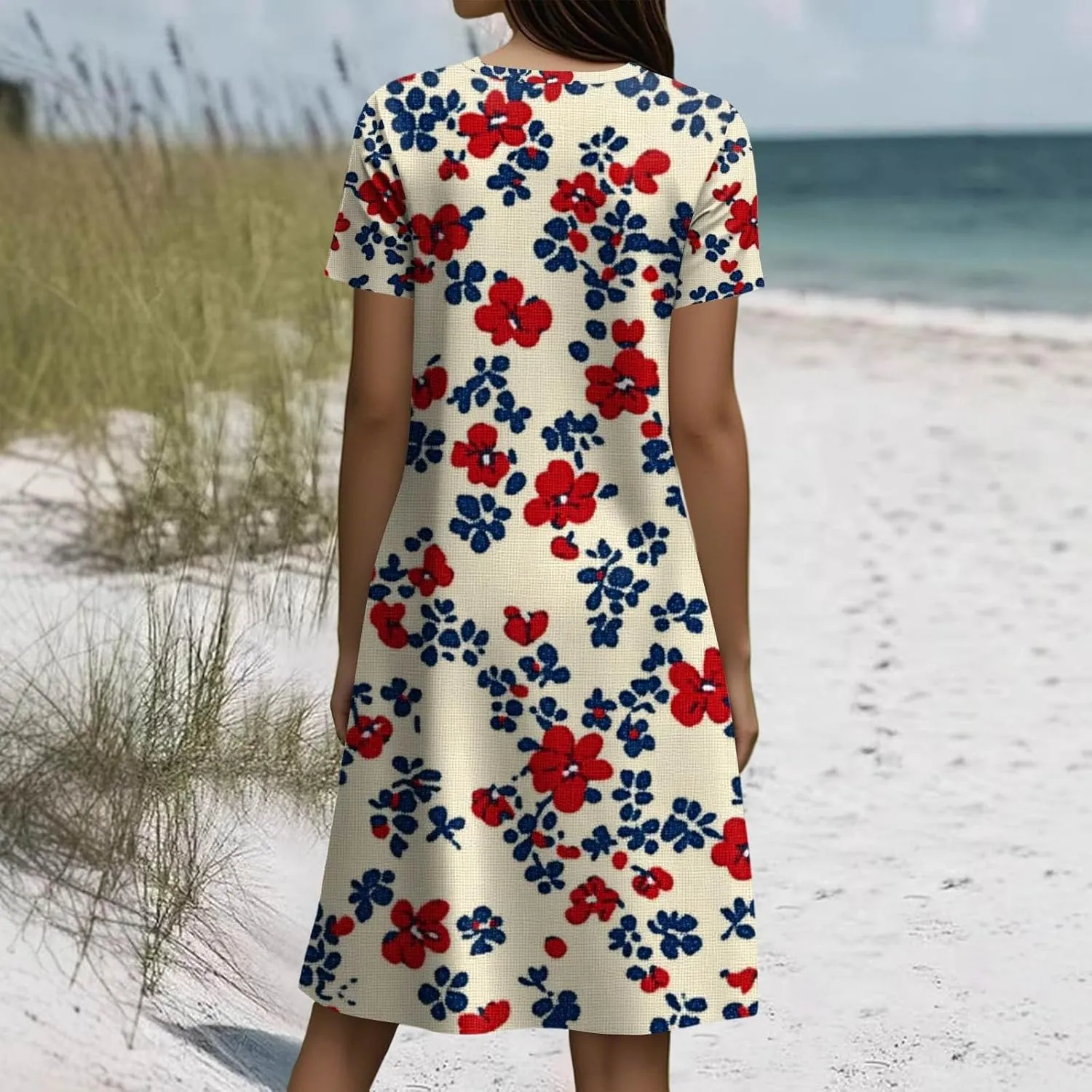 Women's Short Sleeve Summer Sundress with Pockets, Casual Loose Fit Floral Round Neck Knee Length Beach Dress