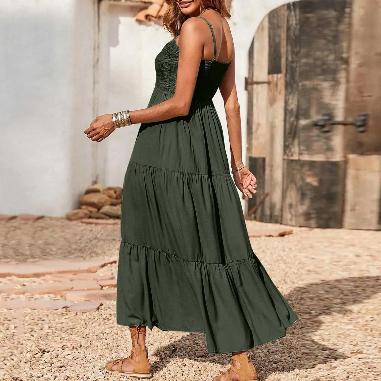Women's Spaghetti Straps Maxi Dresses Smocked Sleeveless Summer Dress Ruffle Tiered Swing Flowy Boho Long Sundress