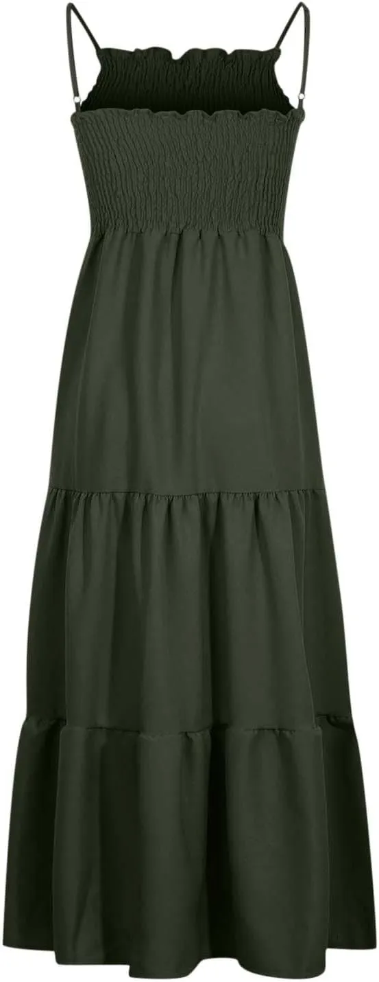 Women's Spaghetti Straps Maxi Dresses Smocked Sleeveless Summer Dress Ruffle Tiered Swing Flowy Boho Long Sundress