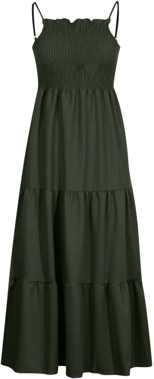 Women's Spaghetti Straps Maxi Dresses Smocked Sleeveless Summer Dress Ruffle Tiered Swing Flowy Boho Long Sundress
