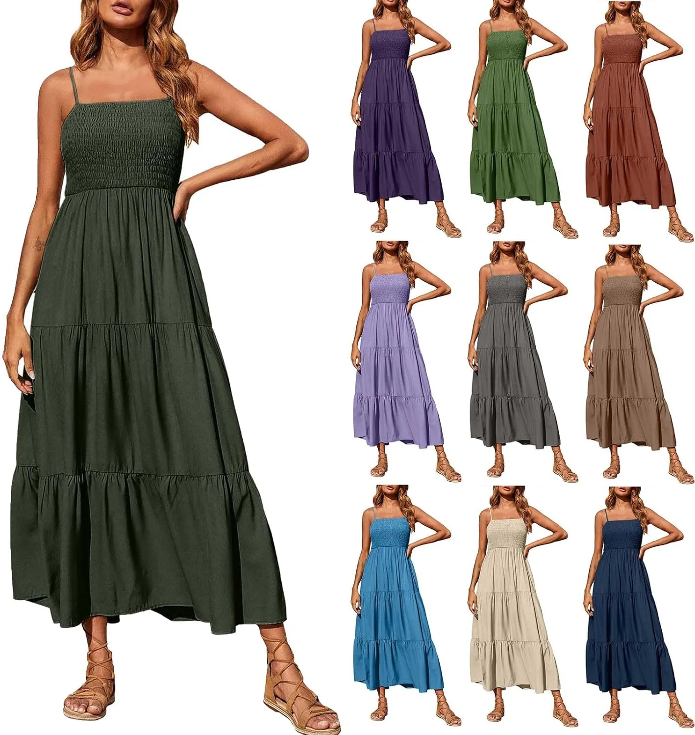 Women's Spaghetti Straps Maxi Dresses Smocked Sleeveless Summer Dress Ruffle Tiered Swing Flowy Boho Long Sundress
