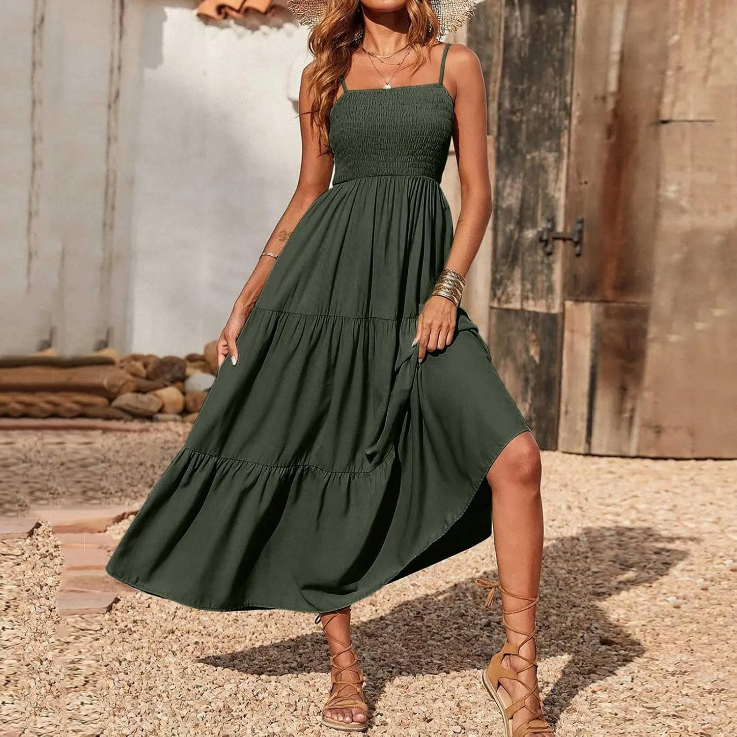 Women's Spaghetti Straps Maxi Dresses Smocked Sleeveless Summer Dress Ruffle Tiered Swing Flowy Boho Long Sundress