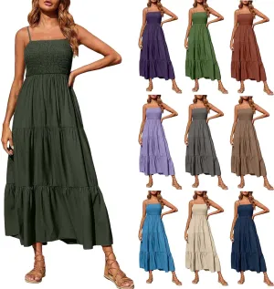Women's Spaghetti Straps Maxi Dresses Smocked Sleeveless Summer Dress Ruffle Tiered Swing Flowy Boho Long Sundress