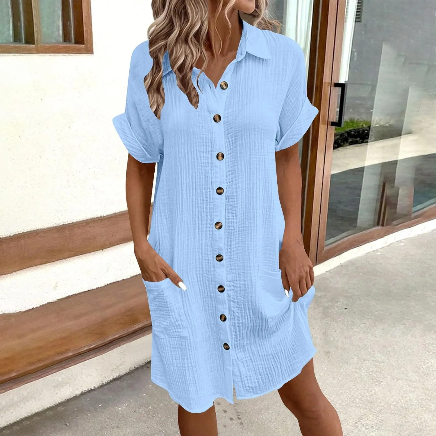 Women's Summer Cotton Shirt Dress Short Sleeves Button Down Knee Length Dresses Casual Loose Mini Dress with Pockets