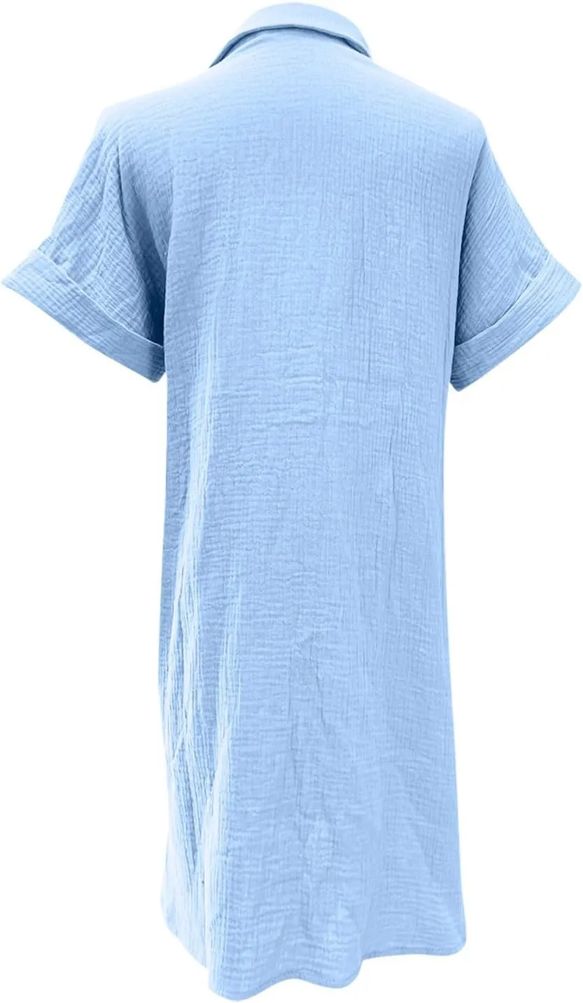 Women's Summer Cotton Shirt Dress Short Sleeves Button Down Knee Length Dresses Casual Loose Mini Dress with Pockets